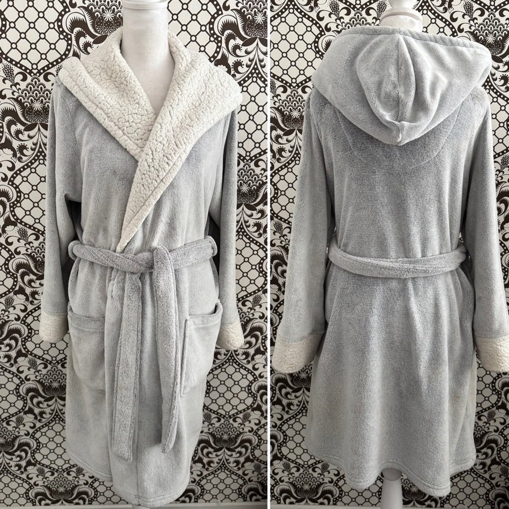 SAKS 5th AVE ✨ fluffy cozy faux fur Robe loungewear heather grey | Sz M